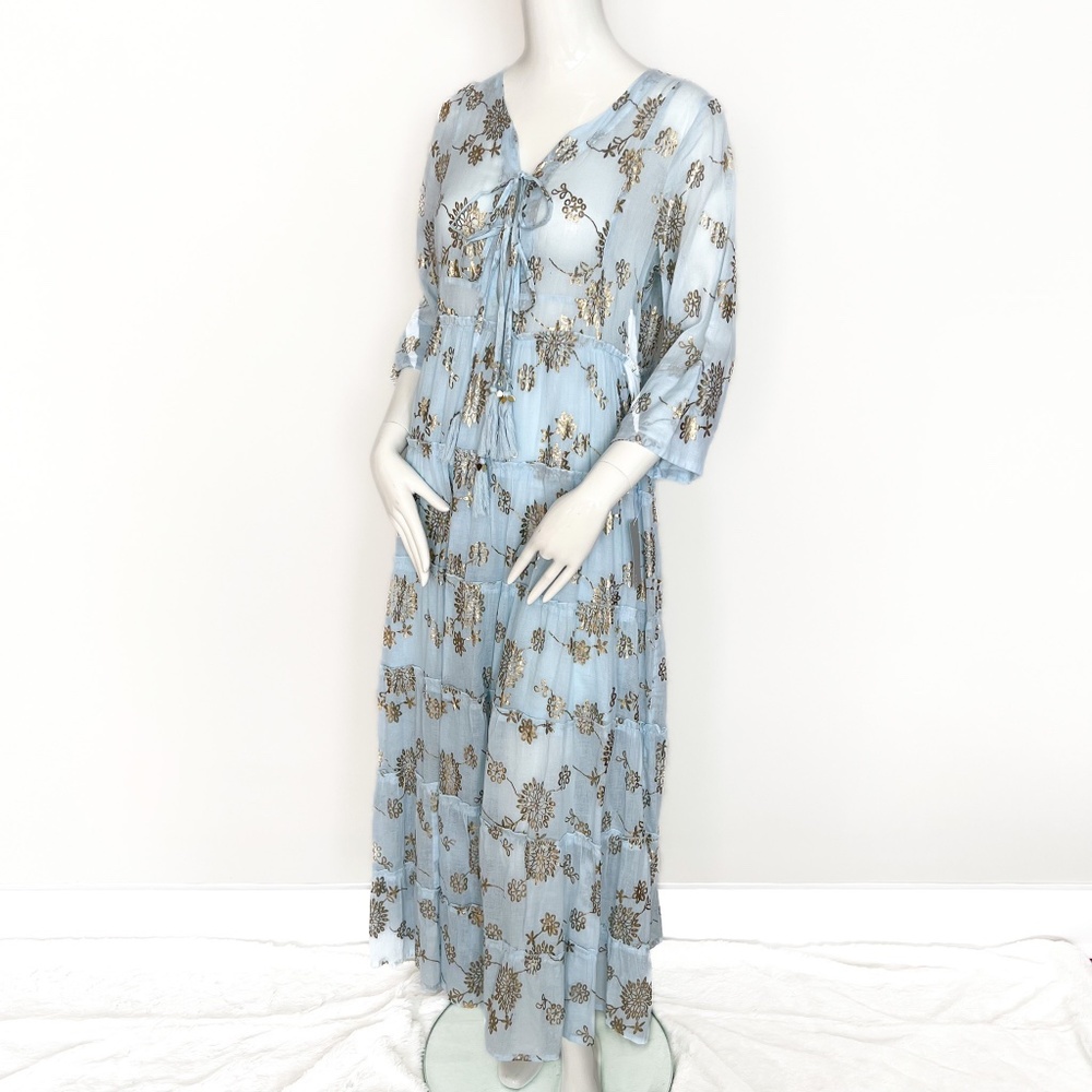 NWT | Sunny Studio French Designer Cotton Tiered Maxi Summer Dress Sky Blue Gold